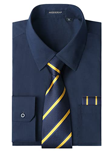 HISDERN Camicia Uomo Blu Navy Manica Lunga Elegante Camicia e Cravatta Casual Camicie Business Formale Camicie Matrimonio Casual con Tasca Regular M