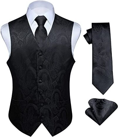 HISDERN Paisley floreale Jacquard floreale gilet e cravatta e fazzoletto da taschino set Black-3 4XL