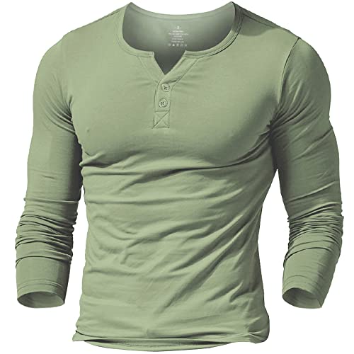 Muscle Alive Uomo Henleys Casual Manica Lunga Maglietta Singolo Pulsante abbottonatura Plain v Neck Camicie in Cotone Verde S