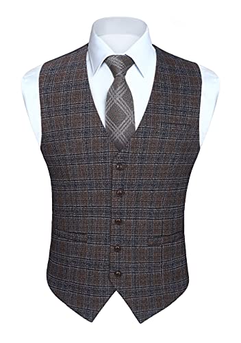 HISDERN Gilet da Uomo Marrone in Cotone Elegante Casual Panciotto Uomo Classico Formale a Quadri Scozzese Senza Maniche da Matrimonio con Tasche 4XL