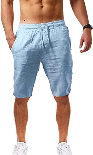 U/D Pantaloncini da spiaggia estivi da uomo in lino casual dalla vestibilità classica con coulisse (S, blu)