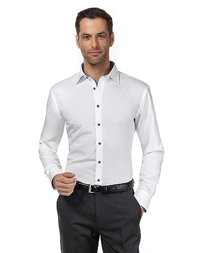 Vincenzo Boretti Camicia Uomo Eleganti, Taglio Aderente/Slim-Fit, Collo Classico, Manica Lunga, in Tinta Unita con Inserti in Contrasto Non Stiro/Non-Iron Bianco 37-38