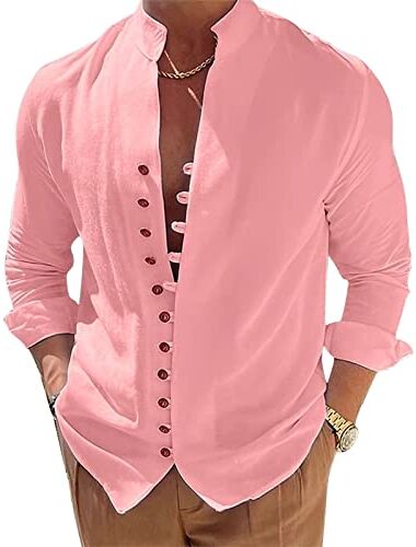 Puimentiua Camicia Lino Uomo Elegante Camicia Estiva Maniche Lunghe Camicia Coreana Uomo Tinta Unita Vacanze Beach