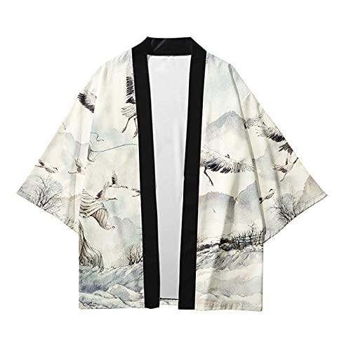 CIZEUR Camicia Kimono T Shirt Uomo Maniche 3/4 Cardigan Giacca Top Casual Camicetta Vintage Elegante Estiva Coppia, 2XL Gru Grigia