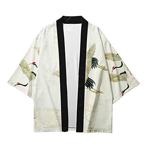 CIZEUR Camicia Kimono T Shirt Uomo Maniche 3/4 Cardigan Giacca Top Casual Camicetta Vintage Elegante Estiva Coppia, L Gru Verde Acqua