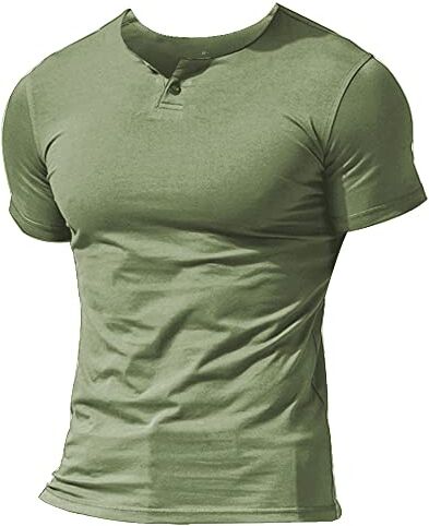 Muscle Alive Uomo Henleys Casuale Manica Corta Maglietta Singolo Pulsante abbottonatura Plain v Neck Camicie in Cotone Verde 2XL