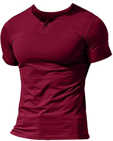 Muscle Alive Uomo Henleys Casuale Manica Corta Maglietta Singolo Pulsante abbottonatura Plain v Neck Camicie in Cotone Rosso XL