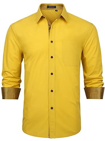 Enlision Camicie Classiche da Uomo Manica Lunga Giallo Camicia Elegante Formale Classico Bottonato Contrasto Cotone Casual Camicia XL