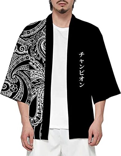 CIZEUR Camicia Kimono T Shirt Uomo Maniche 3/4 Cardigan Giacca Top Casual Camicetta Vintage Elegante Estiva Coppia, 5XL Black with White Lace