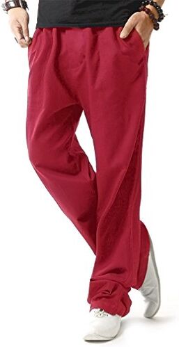 HOEREV Pantaloni Casual da Uomo in Lino,Rosso Scuro,Large