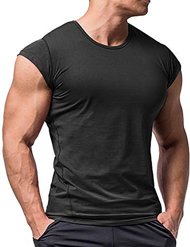 Muscle Alive Uomo Atletico Magliette Tees Corto Manica Muscolo Taglio per Bodybuilding Allenarsi Formazione Fitness Top Equipaggio Collo Cotone Nero M