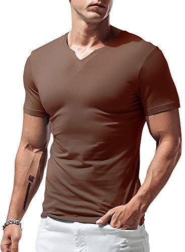 palglg Uomo vestibilità Slim Manica Short Henley Maglietta Casuale Scollo a V. Magliette Cotone Marrone X-Large