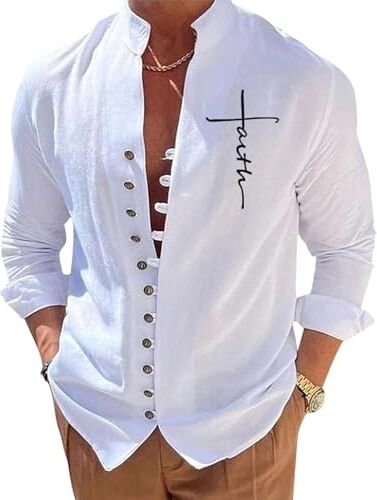 Puimentiua Camicia Lino Uomo, Camicia Stampata in Stile Coreano, Elegante Camicia Estiva Maniche Lunghe Camicia Coreana Uomo Tinta Unita Vacanze Beach