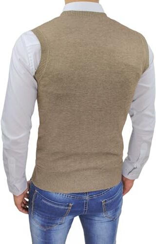 Evoga Gilet Smanicato Uomo Slim Fit Casual Elegante Corpetto Maglia Cardigan Bottoni (XXL, Beige)