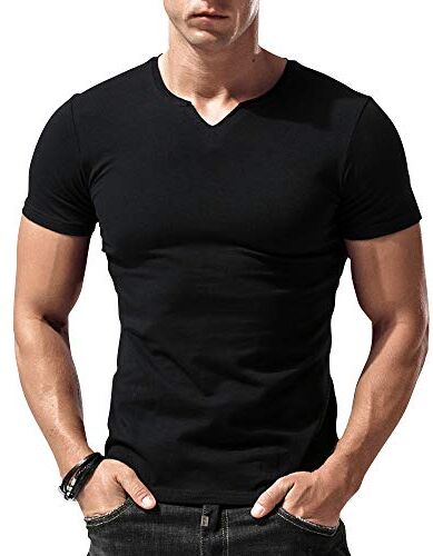 palglg Uomo vestibilità Slim Manica Short Henley Maglietta Casuale Scollo a V. Magliette Cotone Nero Large