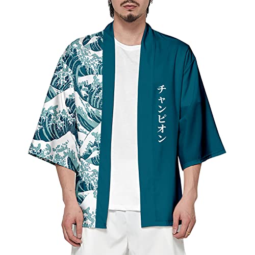CIZEUR Camicia Kimono T Shirt Uomo Maniche 3/4 Cardigan Giacca Top Casual Camicetta Vintage Elegante Estiva Coppia, 6XL Green Waves