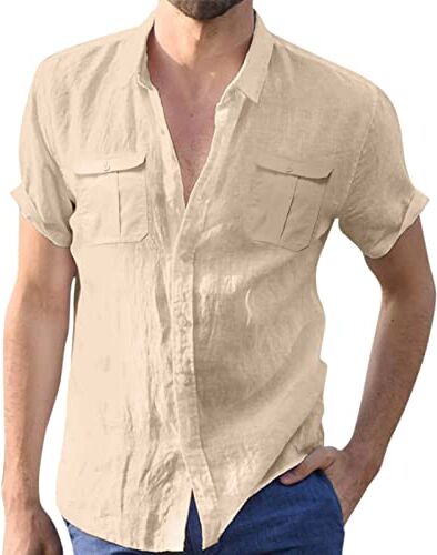 Generic Camicia da uomo a maniche corte estiva per il tempo libero, in cotone e lino, tinta unita, da lavoro, a maniche corte, Z04kaki, XXL