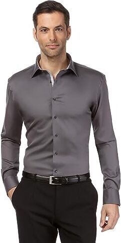 Vincenzo Boretti Camicia Uomo Eleganti, Taglio Aderente/Slim-Fit, Collo Classico, Manica Lunga, in Tinta Unita con Inserti in Contrasto Non Stiro/Non-Iron Grigio Scuro 39-40