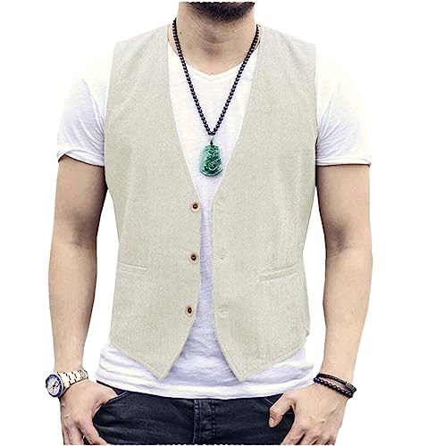 Tiavllya Gilet da uomo senza maniche in cotone e lino casual Gilet da spiaggia estivo slim fit tinta unita a 3 bottoni（XL, Avorio）