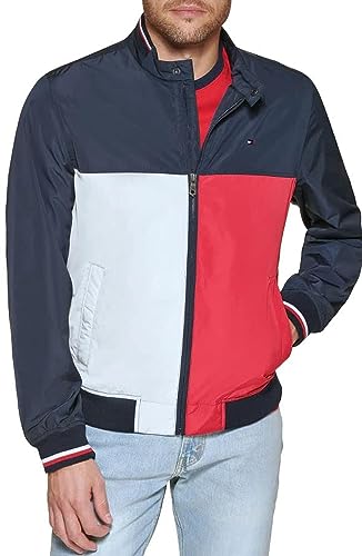 Tommy Hilfiger Bomber Leggero in Maglia a Coste Varsity Giacca Shell, Mezzanotte/Ghiaccio/Rosso, S Uomo