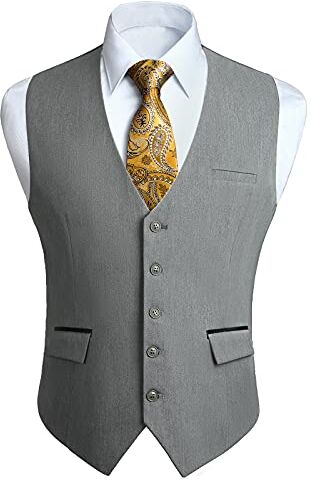 HISDERN Gilet Uomo Grigio Elegante Casual Gilet da Abito Cotone Formale Matrimonio Panciotto uomo Classico per Business Festa Nozze M