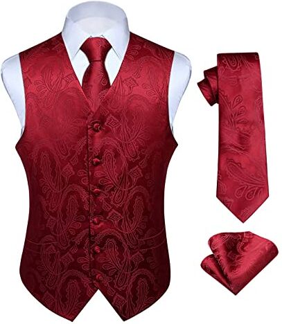 HISDERN Paisley floreale Jacquard floreale gilet e cravatta e fazzoletto da taschino set Borgogna 5XL