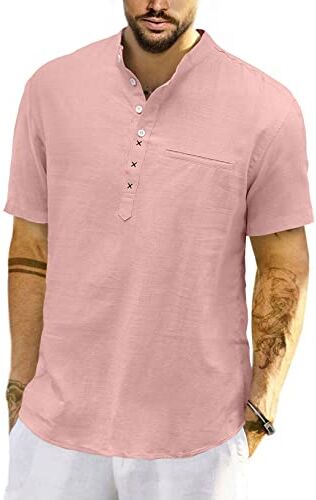 Meilicloth Camicia Lino Uomo Coreana Cotone Manica Corta Estiva Henley Casual con Bottoni Regular Fit Rosa 2XL