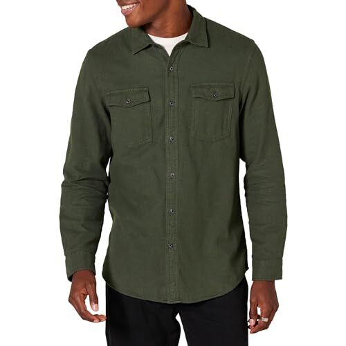 Amazon Essentials Camicia in Flanella con Due Tasche a Maniche Lunghe vestibilità Aderente Uomo, Verde Oliva Puntinato, XS