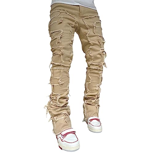 Geagodelia Jeans da Uomo Strappati Slim Fit Pantaloni in Denim Casual Hip-Hop per Uomo Ragazzo S-XXL Regalo (Cachi, XXL)