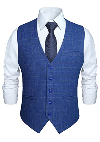 HISDERN Blu Gilet Formale da Uomo in Cotone Panciotto Uomo Elegante Casual con Motivo Scozzese a Quadri Estivo