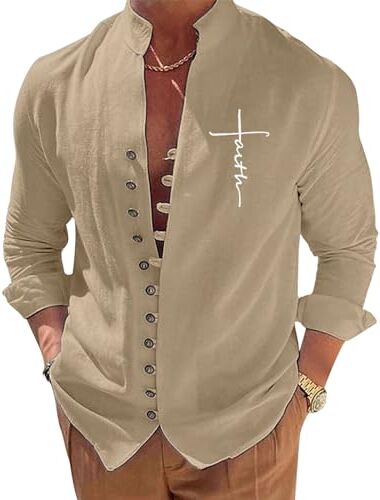 Puimentiua Camicia Lino Uomo, Camicia Stampata in Stile Coreano, Elegante Camicia Estiva Maniche Lunghe Camicia Coreana Uomo Tinta Unita Vacanze Beach