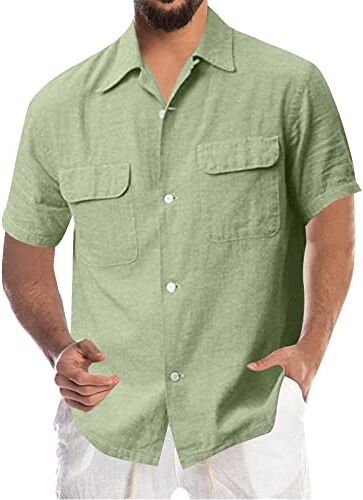 Generic Camicia da uomo a maniche corte estiva per il tempo libero, in cotone e lino, tinta unita, da lavoro, a maniche corte, Verde menta, XXXL