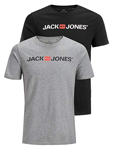 Jack & Jones Maglietta da Uomo con Logo JJECORP, 2 Pezzi Confezione da 2 Pezzi Multicolore (Light Grey Mel./Black). XL