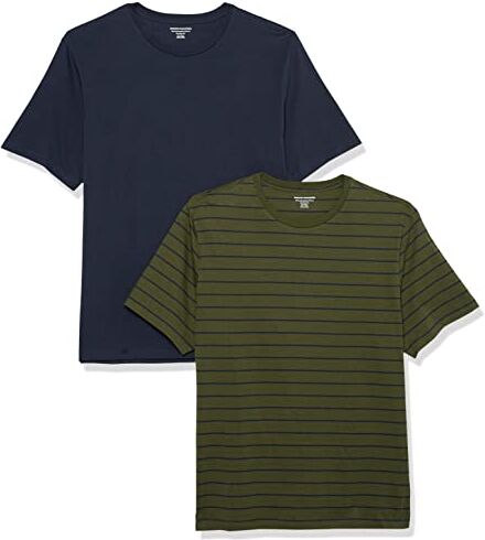 Amazon Essentials T-Shirt Girocollo a Maniche Corte Slim Uomo, Pacco da 2, Blu Marino/Verde Oliva Righe, XS