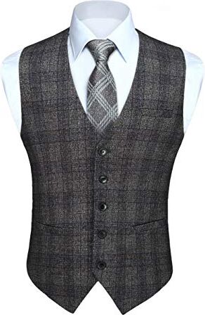 HISDERN Gilet da Uomo Grigio in Cotone Elegante Classico Panciotto Uomo Formale Casual a Quadri Scozzese Senza Maniche da Matrimonio con Tasche L