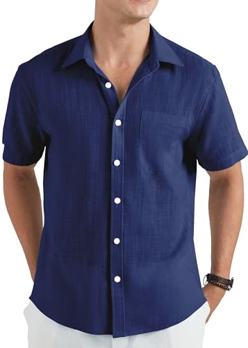 HISDERN Camicia Lino Uomo Manica Corta Casual Blu Marino Estate Lino Cotone Camicie per Spiaggia Vacanza Lavoro Camicia con Bottoni Tasca Regular Fit M