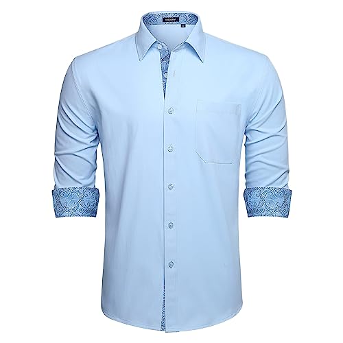 HISDERN Camicie da Uomo Fashion Slim Fit Button Down Camicie Eleganti Blu Camicia Casual con Taschino