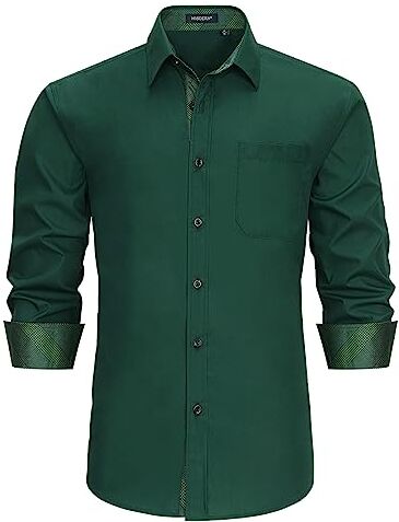 HISDERN Camicia Maniche Lunghe Uomo Slim Fit Casual Camicie Regolare Shirt Formale Camicia Verde XL