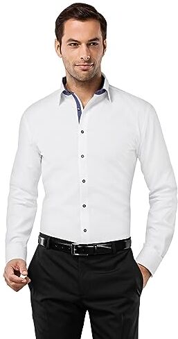 Vincenzo Boretti Camicia Uomo Eleganti, Taglio Aderente/Slim-Fit, Collo Classico, Manica Lunga, in Tinta Unita con Inserti in Contrasto Non Stiro/Non-Iron Bianco/Blu Scuro 43-44