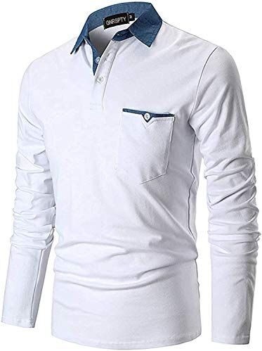 GNRSPTY Polo Manica Lunga Uomo Maglietta Denim Collare Maglia Elegante Cotone T-Shirt Golf Tennis Lavoro Camicia,Bianco,3XL