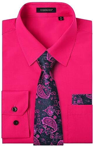 HISDERN Camicia Uomo Fucsia Manica Lunga Elegante Camicia e Cravatta Casual Camicie Business Formale Camicie Matrimonio Casual con Tasca Regular XXL