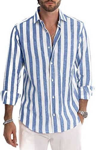 Meilicloth Camicia Uomo a Righe Cotone Manica Lunga Casual Lino Trama Western Regular Fit Blu Bianca XL