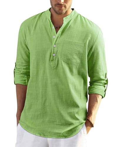 Enlision Maglietta Lino Uomo Casual Collo Coreana Primavera Autunno Manica Lunga Hawaiana Camicia Mare Uomo Verde per Interni, Lavoro e Viaggie 2XL