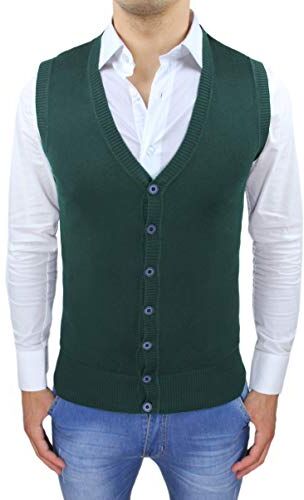 Evoga Gilet smanicato uomo slim fit casual elegante corpetto maglia cardigan (L, Verde)