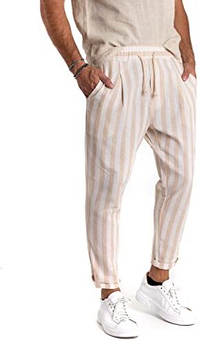 Giosal Pantalone Uomo Elastico Lino Tinta Unita Cavallo Basso Casual Vari Colori (Beige Rigato, L)