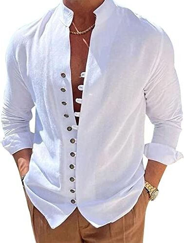 NIBESSER Camicia Lino Uomo Manica Lunga Camicia Uomo Elegante Estiva Camicia Casual Coreana Uomo con Bottoni Tinta Unita Traspirante per Mare Spiaggia Vacanza, Bianco, 3XL