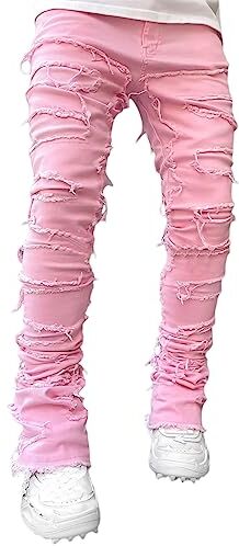 Geagodelia Jeans da Uomo Strappati Slim Fit Pantaloni in Denim Casual Hip-Hop per Uomo Ragazzo S-XXL Regalo (Rosa, M)