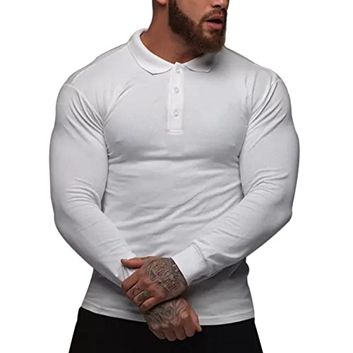 palglg Uomo Manica Lunga Casual Magliette Camicie Tee con Polo Elastico Cotone Bianca M
