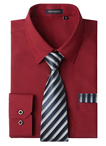 HISDERN Camicia Uomo Vino Rosso Manica Lunga Elegante Camicia e Cravatta Casual Camicie Business Formale Camicie Matrimonio Casual con Tasca Regular XL