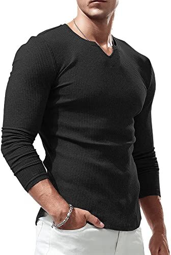 Lehmanlin Camicia a Maniche Lunghe T-Shirt Sportive da Uomo, Scollo a V Elasticizzato,vestibilità Muscolosa,Biancheria Intima Casual, Nero 2XL